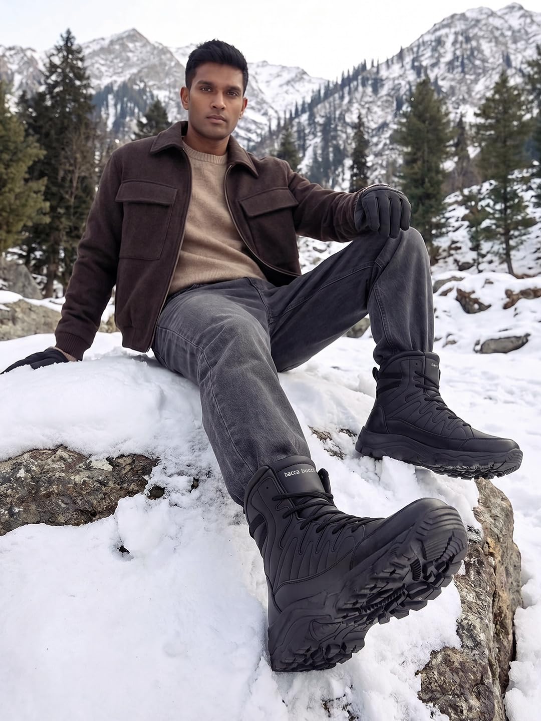 Bacca Bucci FLAME ओरिजिनल 7-Eye Moto इंस्पायर्ड हल्के पानी के सबूत हाई टॉप एंकल स्नो बूट पुरुषों के लिए