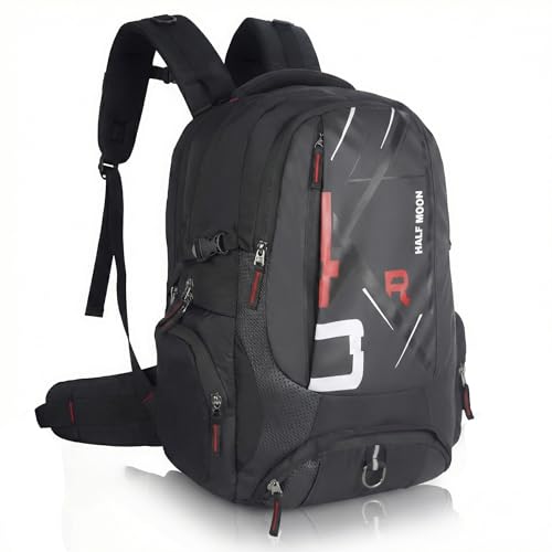 Half Moon Extra Large 60L Rucksack Travel Backpack Bag for Man Waterproof Trekking Bag for Men with Rain Cover & 17-Inch Laptop Luggage Bags for Mens Hiking & Tourist Bag for Men (Black & Red)
