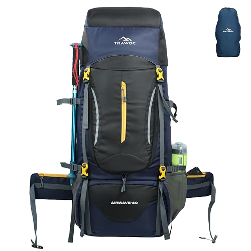 TRAWOC AIRWAVE 60L Travel Backpack for Men & Women | Laptop Sleeve | Shoe Compartment | Rain-Cover | Water Resistant Trekking & Camping Rucksack | 3 Year Warranty (Black)