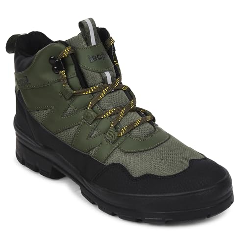 Liberty Leap7x DRAWNER-1E Sports Casual Lacing Trekking Shoes for Men - Olive Green & Black | Comfortable and Durable | Suitable for Walking, Running, Outdoor and Hiking Boots Footwear | Cushioned Footbed