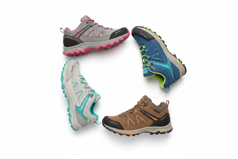 user decthlon MH100, ST100, FORCLAZ 500, FORCLAZ 100 women's trekking shoes to create a image of shoes placed in a circle