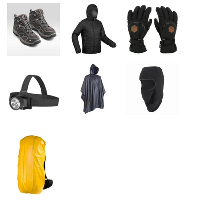 Combo 6 | Mens Shoe | Down Jacket | Gloves | Headlamp | Poncho | Balaclava | Backpack cover