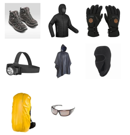Combo 7| Mens Shoe|Down Jacket|Gloves|Headlamp|Poncho|Balaclava|Backpack cover|Goggles