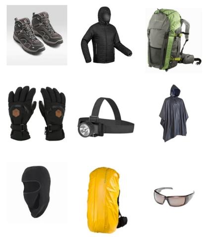 Combo 8|Mens Shoe|Down Jacket|60 litre Bag|Gloves|Headlamp|Poncho|Balaclava|Backpack cover|Goggles