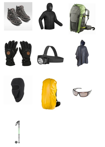 Combo 9|Mens Shoe|Down Jacket|60 L Bag|Gloves|Headlamp|Poncho|Balaclava|Backpack cover|Goggles|Pole
