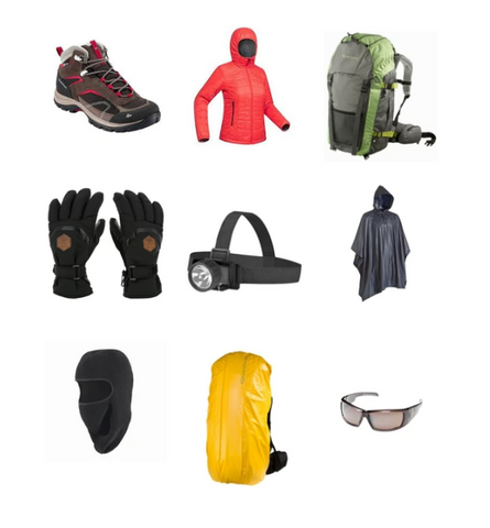 Combo 8|Womens Shoe|Down Jacket|60 litre Bag|Gloves|Headlamp|Poncho|Balaclava|Backpack cover|Goggles