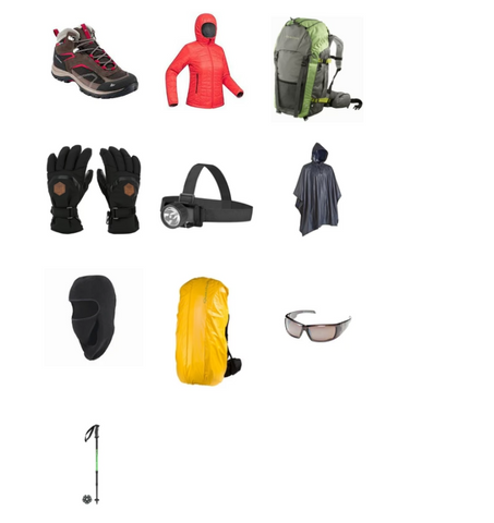 Combo-9|Womens Shoe|Down Jacket|60 L Bag|Glove|Headlamp|Poncho|Balaclava|Backpack cover|Goggles|Pole